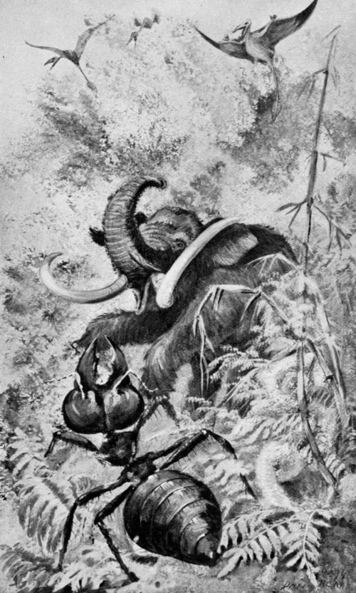 Gaint ant verses wolly mammoth in Jovian jungle.