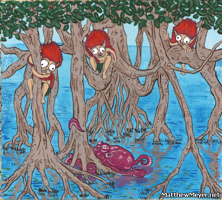 Three scared Kijimuna in banyan trees, menacing octopus in water below.