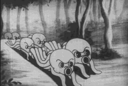 Continuous army of octopuses marches into the forest (looping animated GIF)