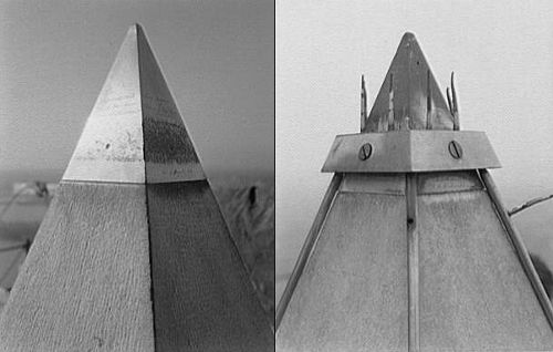The Washington Monument's aluminum pyramidion before/after 'lightning rods' installed
